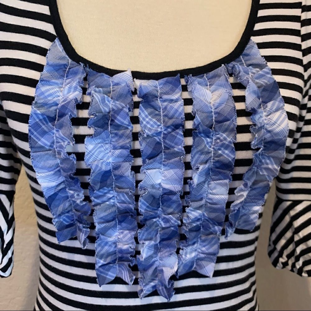 Anthropologie Striped Knit Top Blue Plaid Ruffle Bib Puff Sleeve Cottagecore S